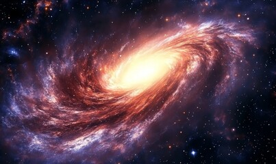Fototapeta premium Fiery Exploding Galactic Whirlpool in Deep Space with Bright Orange Light, Cosmic Tunnel Surrounded by Stars and Nebulae, Conceptual Image of Galaxy Formation and Celestial Fire, Generative AI