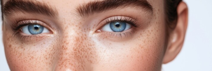 Naklejka premium Close-up portrait of a young woman with striking blue eyes and natural freckles, showcasing flawless skin and detailed eyelashes