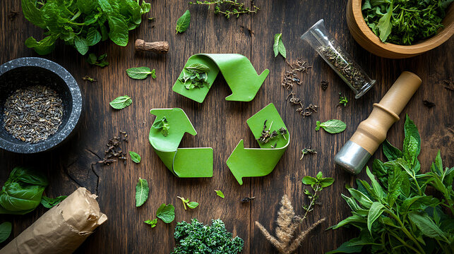 Green Recycling Symbol with Herbs and Spices on Wooden Table