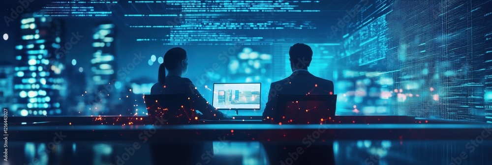 Poster data analysis and technology in modern office environment, professionals working on computer screens