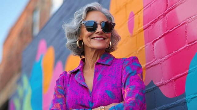 Stylish woman, urban background, colorful mural, confident pose, lifestyle imagery