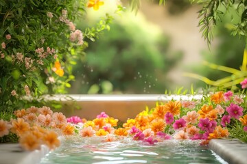 Vibrant flowers surround a serene water feature in a peaceful garden setting during daytime