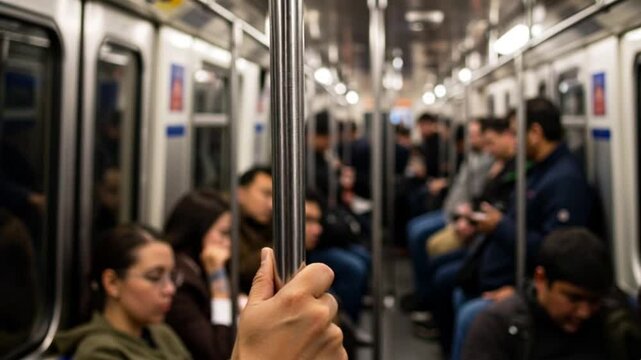 Commuters inside a subway car during peak hours holding a handle for balance
