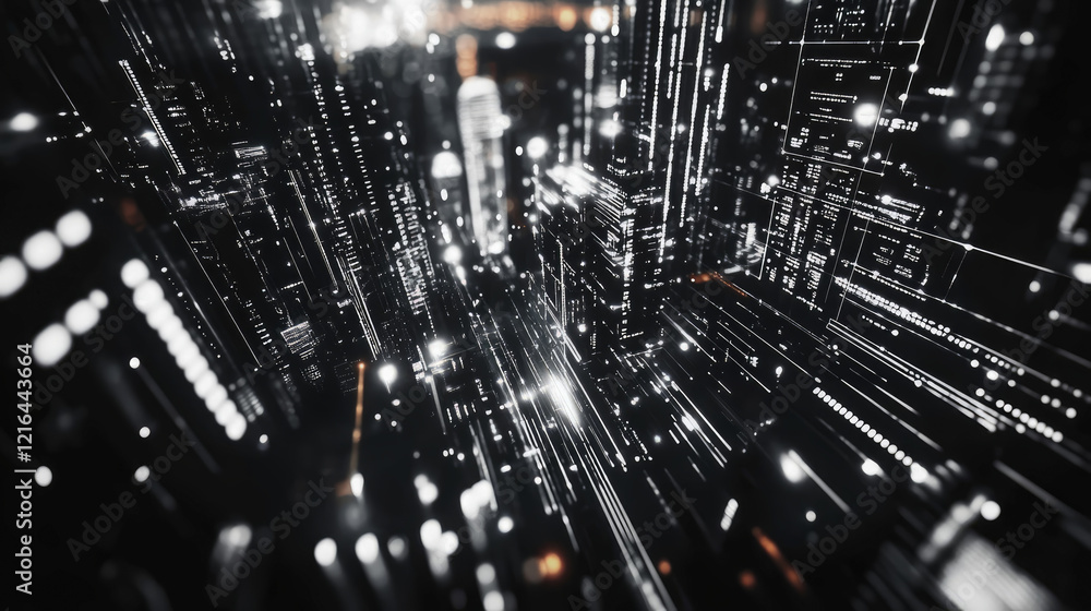 Poster abstract metropolis: a futuristic nightscape of illuminated buildings and data streams