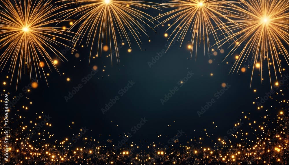 Poster gold fireworks explode on dark background with glitter. celebration scene ideal for new year party a