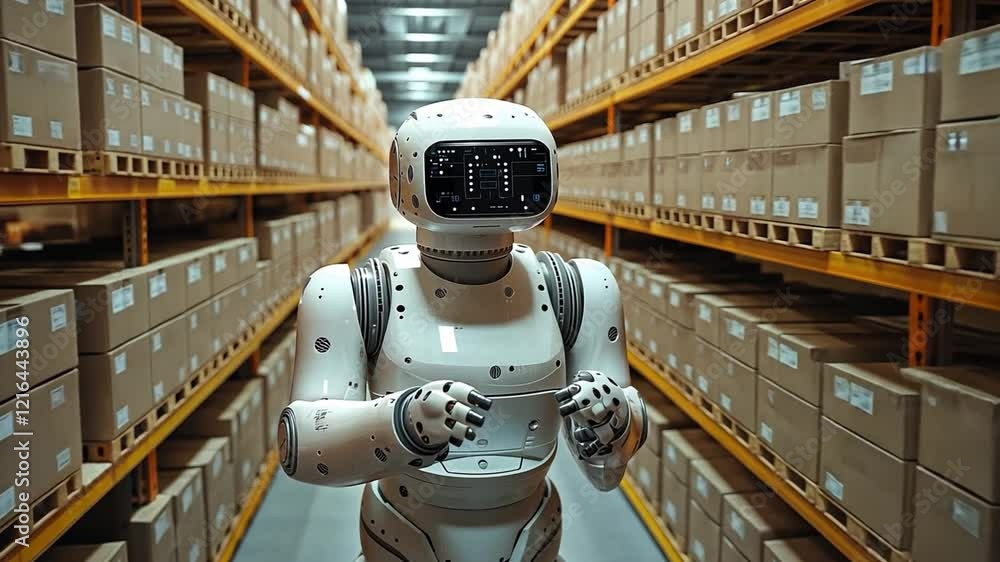 Aufkleber robot engages in sorting packages in a modern warehouse filled with stacked cardboard boxes