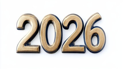 Golden Metallic Number 2026 Isolated On A White Background, High-Quality 3D Rendering