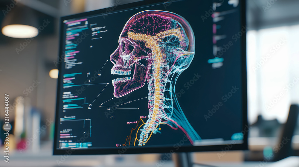 Poster digital anatomy: 3d head and spine model on computer screen
