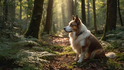 Cute Small Dog Sitting in Lush Forest with Sunlight