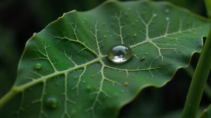 Dew drop resting on green leaf close-up