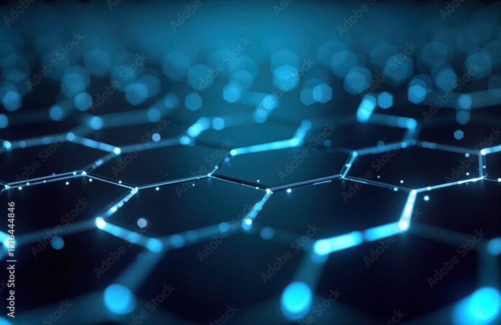 Poster Abstract futuristic design. Blue hexagon shapes form network pattern. Modern tech concept. Network structure. Data connections. Digital art background. Elegant design. Suitable for tech