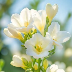 Fototapeta premium White Freesia flowers bloom in garden sunlight