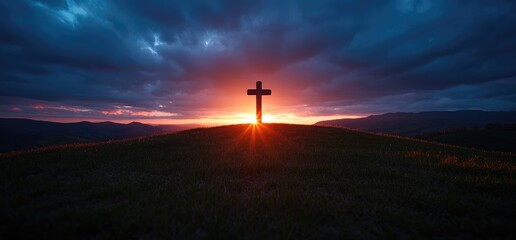 Fototapeta premium Sunset Cross Hilltop Landscape