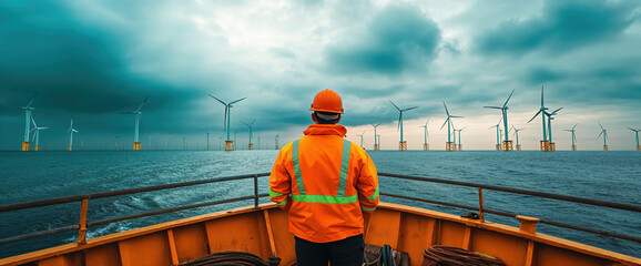 Offshore wind farm engineer inspecting turbines from service vessel