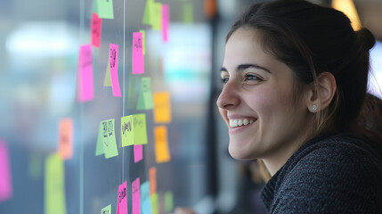 Sticky Note Post It Board Office. Business people meeting at office and use post it notes to share idea. Brainstorming concept. Sticky note on glass wall or blackboard. Set of colorful blank notes. 