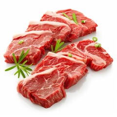 Raw Steak Slices: A tempting arrangement of six succulent, raw steak slices, featuring marbling and a rich, red hue.  Accompanied by fresh rosemary sprigs.