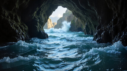 View from inside sea cave with sunlight