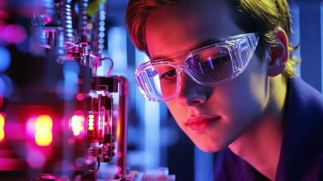 A young entrepreneur testing quantum computing algorithms in a futuristic tech lab.