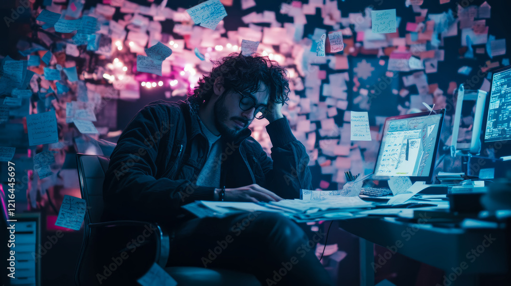 Poster tired programmer surrounded by notes in a neon-lit room