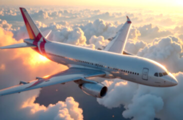 Obraz premium Plane soaring through clouds during sunset with vibrant colors illuminating the sky. Blurred picture