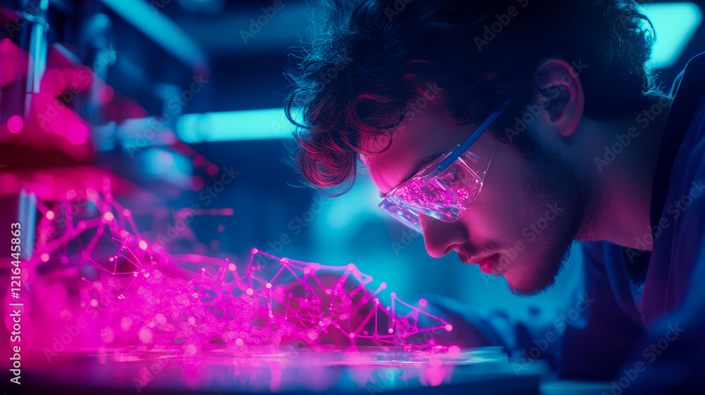 Poster intrigued scientist examining a holographic network in a futuristic lab