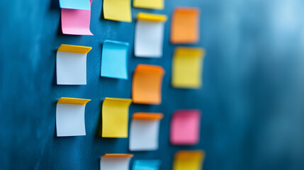 Sticky Note Post It Board Office. Business people meeting at office and use post it notes to share idea. Brainstorming concept. Sticky note on glass wall or blackboard. Set of colorful blank notes. 