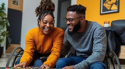 Happy couple playing board game at home, inclusive representation, joyful background