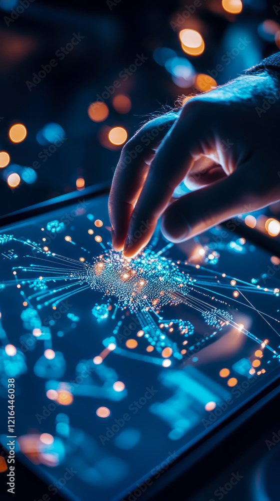 Poster interacting with a digital network: a hand navigates glowing data streams on a tablet