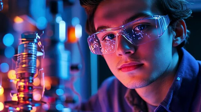 A young entrepreneur testing quantum computing algorithms in a futuristic tech lab.