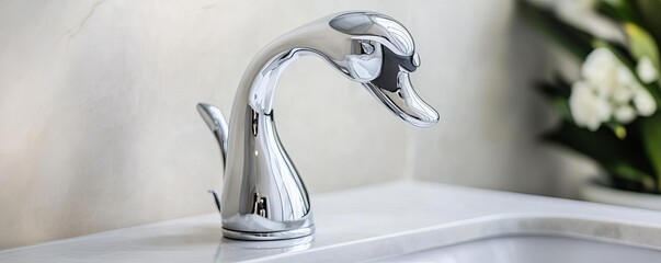 Artistic chrome faucet shaped like a swan, set in a luxury hotel bathroom