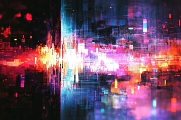 Erratic waveforms on a fuzzy display, blending into vibrant glitch art with scattered symbols