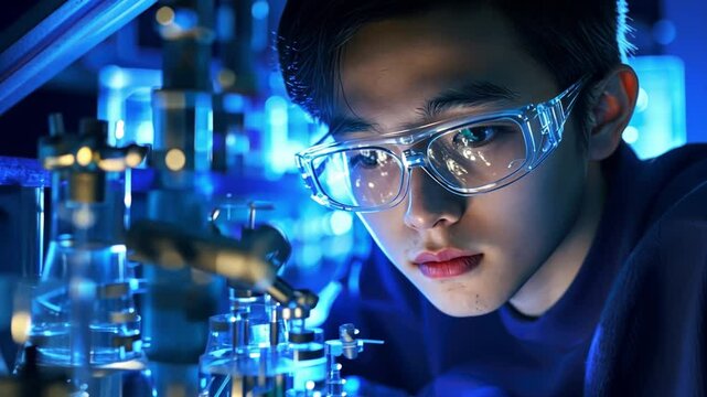 A young entrepreneur testing quantum computing algorithms in a futuristic tech lab.