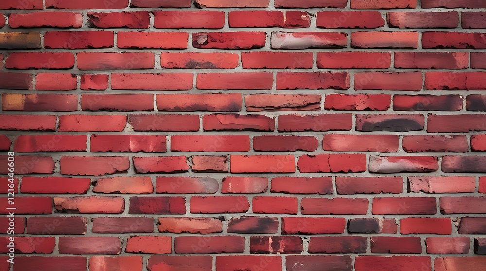 Poster close-up view of a red brick wall with varying shades and textures of bricks arranged in a horizonta