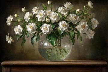 White Gardenias in Glass Vase on Wooden Table