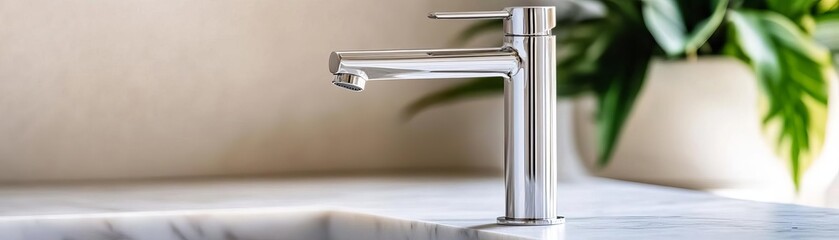 Chrome faucet with a flat top spout, paired with a marble countertop
