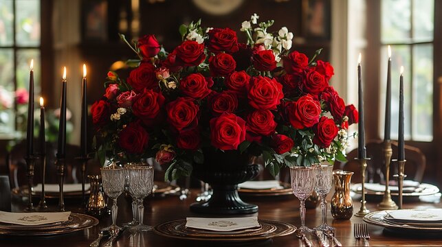 Dramatic Valentines Day dinner setup in a gothic style room with deep red roses dark candles and luxurious tableware creating an elegant and romantic vibe