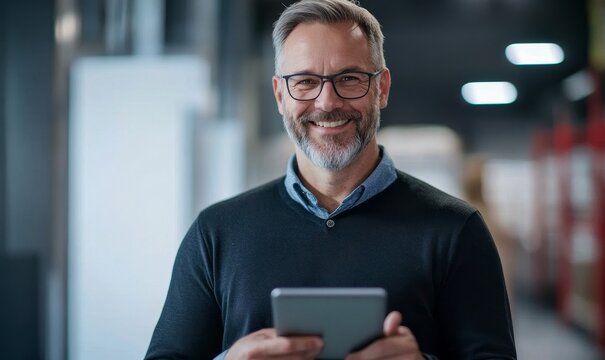 Smiling male warehouse manager using a digital tablet for inventory management in a modern storage facility, exemplifying efficient logistics and organization, Generative AI