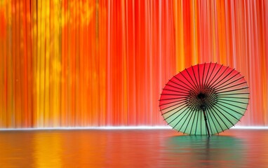 Red and green paper umbrella before a vibrant waterfall.