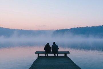 Couple enjoying a serene moment by the foggy lake during twilight hours