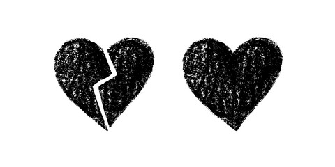 Grunge broken and whole heart illustration in black and white