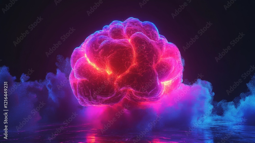 Poster futuristic 3d render of a neon-colored brain with glowing neural connections on a dark black backgro