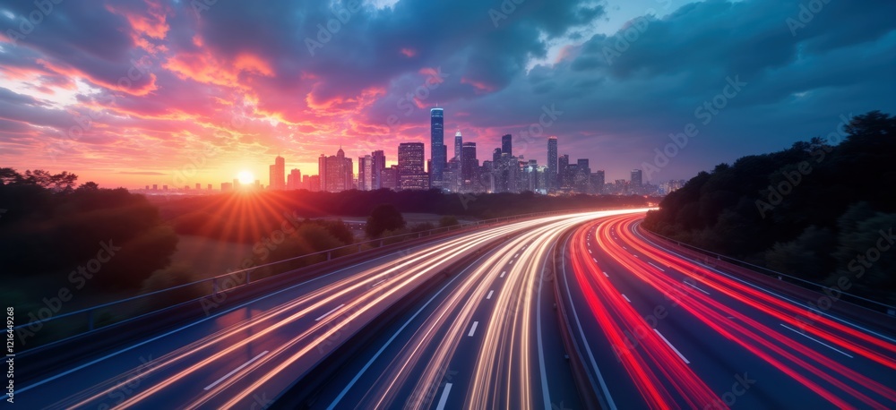 Poster highway network dynamic light trails illustrate urban city at twilight. cars move fast on sleek road