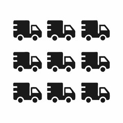 A seamless pattern featuring nine simple, black delivery truck icons on a white background.