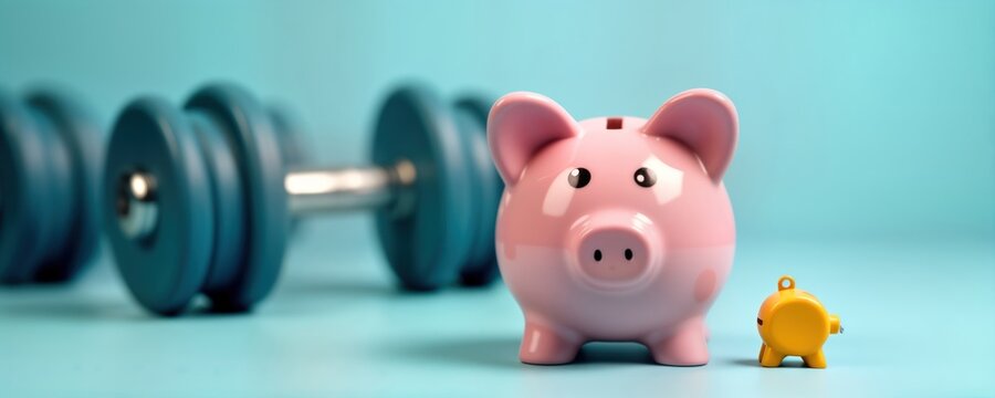 Pink piggy bank, dumbbells represent saving for fitness goals. Healthy lifestyle investment shown. Financial planning for personal well-being highlighted. Smaller yellow piggy bank shown. Image