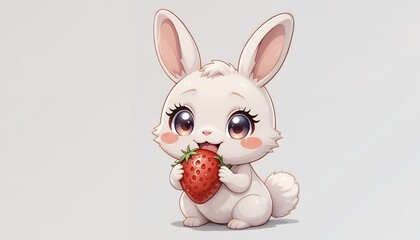 Adorable Bunny Rabbit Eating Strawberry Cute Cartoon Illustration