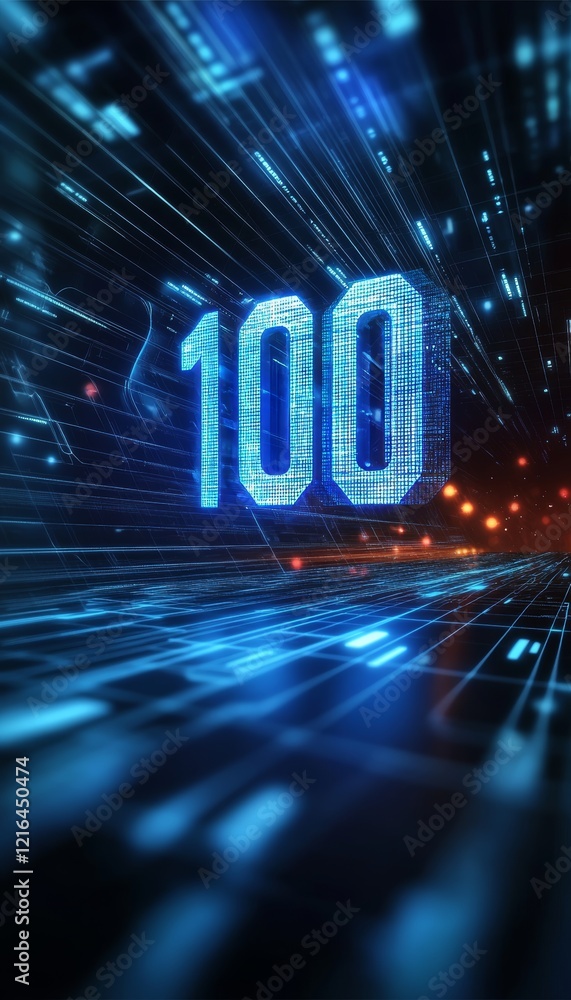 Poster glowing digital number 100 on futuristic technology background, visualizing fast data processing.