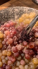 Colorful grape dessert preparation, close-up, kitchen setting, sweet treat