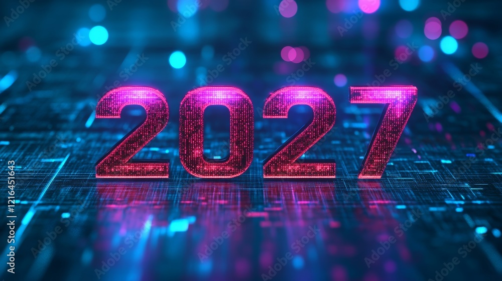 Poster Glowing Digital Numbers 2027 in Futuristic Style on a Digital Abstract Blurred Background