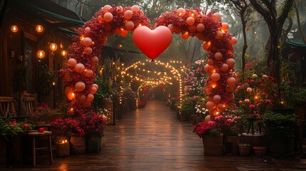 Heart shaped balloon arch framing a romantic walkway leading to a garden decorated with fairy lights and flower arrangements in red and pink tones
