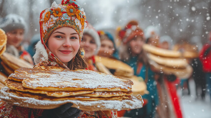 Slavic national celebration Maslenitsa or Shrovetide. Women carry delicious big pancakes, having fun in the winter pancake week